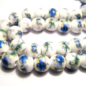 1 Strand (40pcs) of Blue Green Flower 8mm Round Ceramic Beads (No.CM4-355)