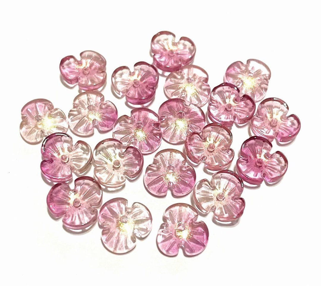 20pcs of Purple 3petal Flower Glass Beads With Gold Glitter Powder