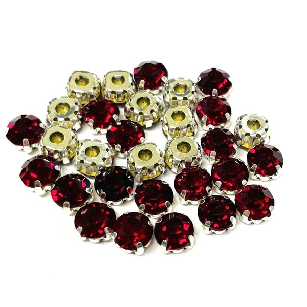 30pcs of Dark Ruby Red Sew On Crystals Rhinestones with Silver plated Brass setting 8mm Round(No.12-810)