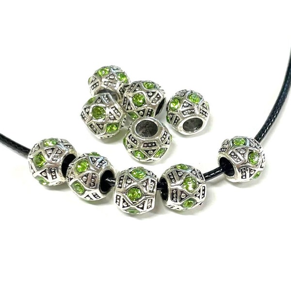 10pcs Antique Silver Green Rhinestone Charms European Charms Large Hole Spacer Beads(No.SP37-2671)