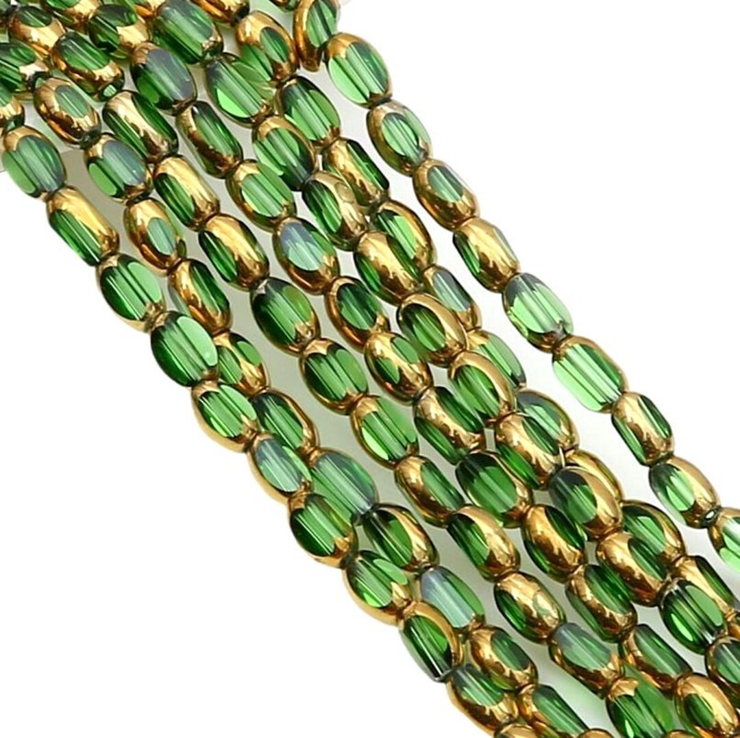 25pcs of Side Gold Plated Transparent Green Faceted Glass Beads Rice ...