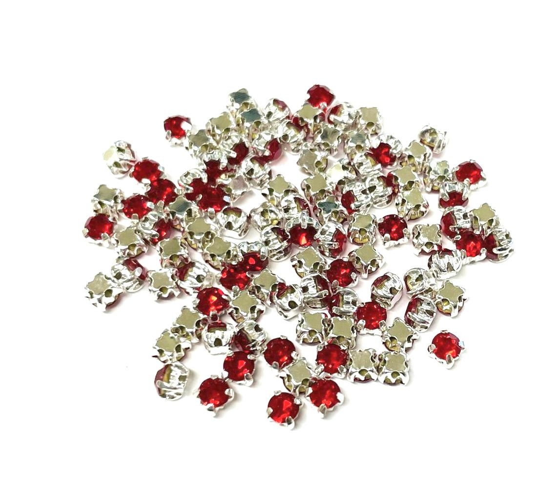 シーズハンドメイド Red Sew on Rhinestones Silver Plated Brass Setting, 4mm (100pcs