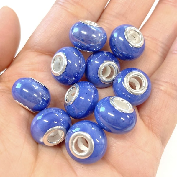 10pcs of Blue Ceramic European Beads Large Hole Rondelle Beads 14x9mm Ceramic Beads (No.CL11-317A)