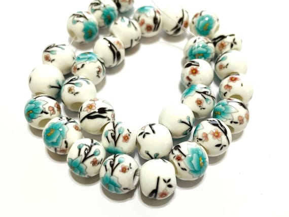 1 Strand (30pcs) of Blue Flower Ceramic Beads 10mm Round(No.CM6-370)