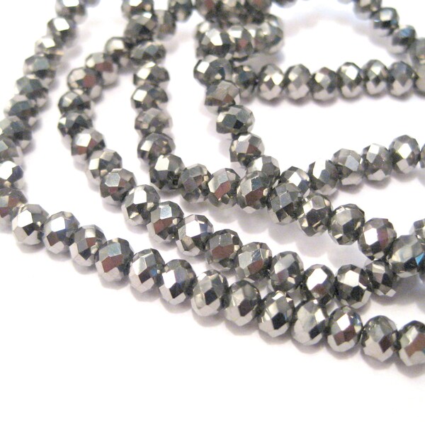 1 Strand of Metallic Plated Silver 4mm Rondelle Faceted Glass Crystal Beads. No.131-921