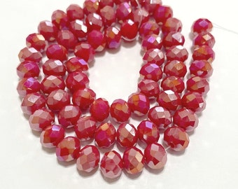 1 Strand of Electroplated Opaque Red AB Rondelle Faceted Glass Crystal Beads 8mm (No.57-1412)