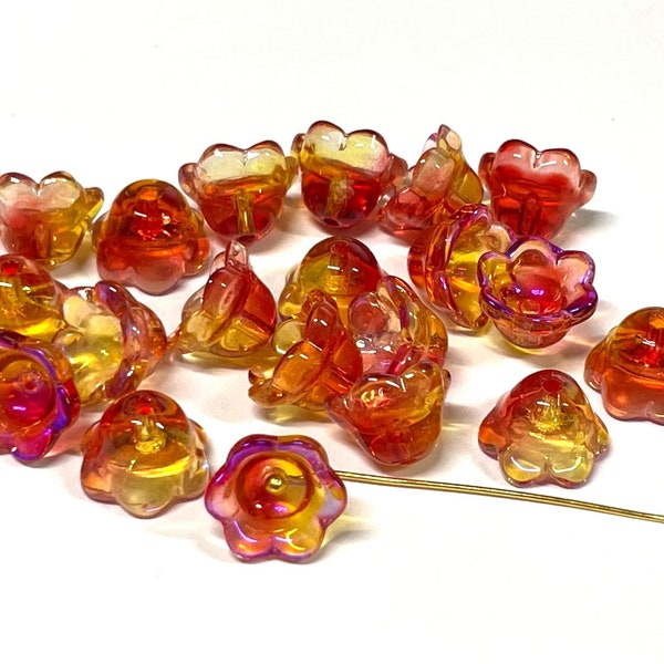 20pcs of Yellow Red Gradient Bell Flower Glass Beads 12x7mm (No.FL32-2021)