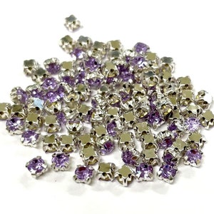100pcs of Purple Sew On Crystals Rhinestones with Silver plated Brass setting 4mm Round( No.27-724)