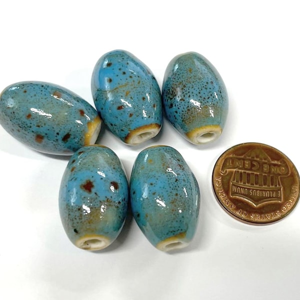 5pcs of Large Blue Brown Mixed Color Oval Ceramic Beads 20mm (No. OV12-330)