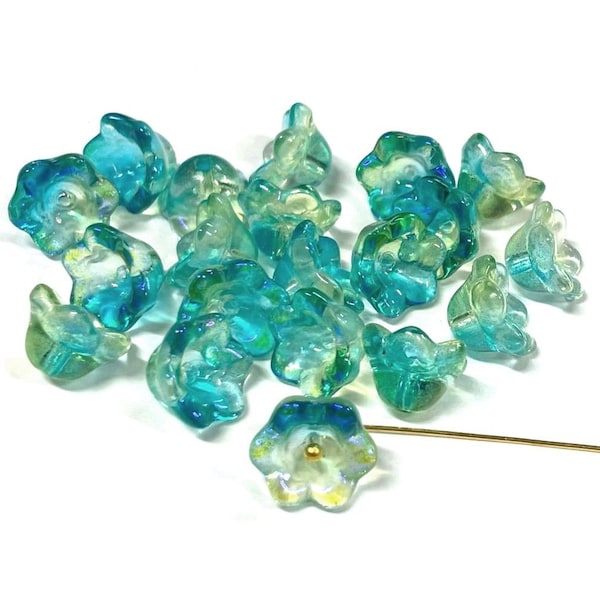 20pcs of  Blue Green Yellow AB Gradient Bell Flower Glass Beads 10x6mm (No.FL28-2040)