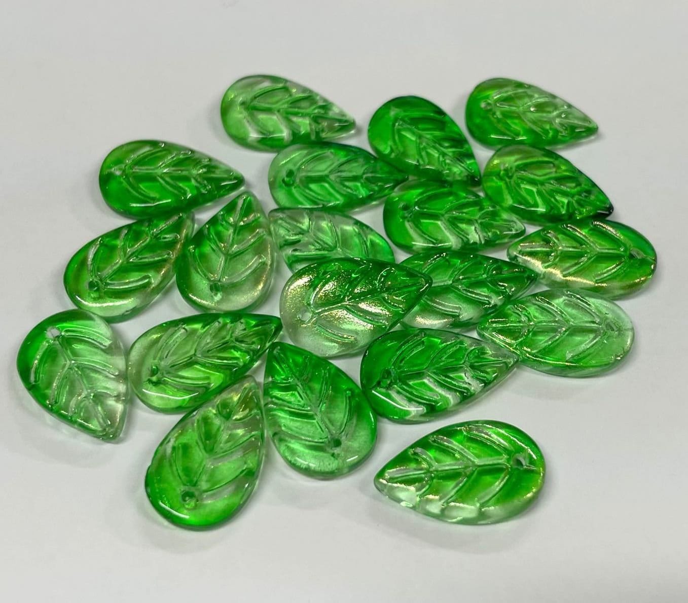 Glass Leaf Beads - Emerald Green Engraved Leaves - Czech Pendants Charms  12pc