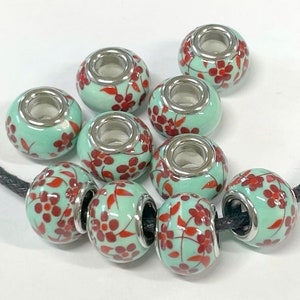 10 Red Flower Ceramic Rondelle Beads: Large Hole European Style