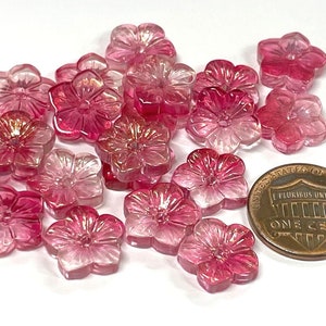 20pcs of Hot Pink Red Flower Glass Beads With Gold Glitter Powder 13mm(No.FLSM2-1601A)