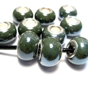 10 Dark Green Ceramic Rondelle Beads: Large Hole European Style (14x9mm)(No.CL14-265)