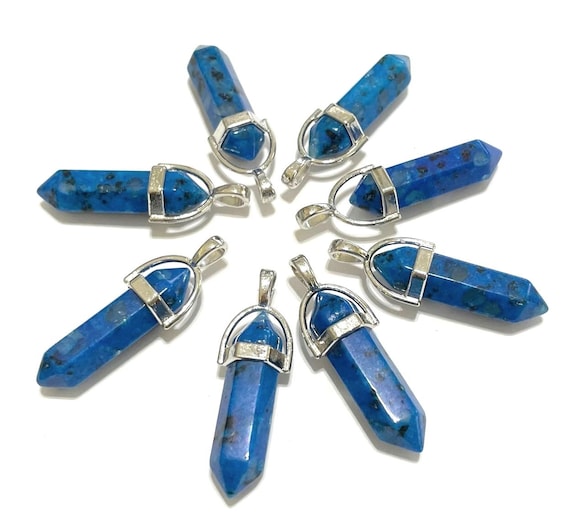 Tianshan Blue Quartz Point Pendant: Silver Bail Hexagon Gemstone