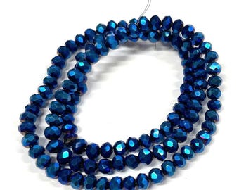 1 Strand of Metallic Plated Blue 4mm Rondelle Faceted Glass Crystal Beads. No.159-960A