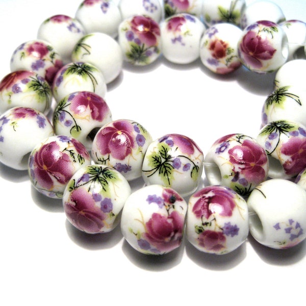 1 Strand (40pcs) of Purple Green Flower 12mm Round Ceramic Beads (No.CM68-371)