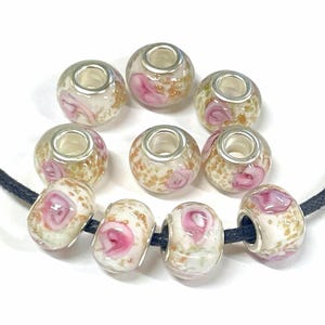 10 pcs de perles européennes de fleurs roses, grand trou, perles de verre au chalumeau, 14 x 10 mm (n° CL21-279)