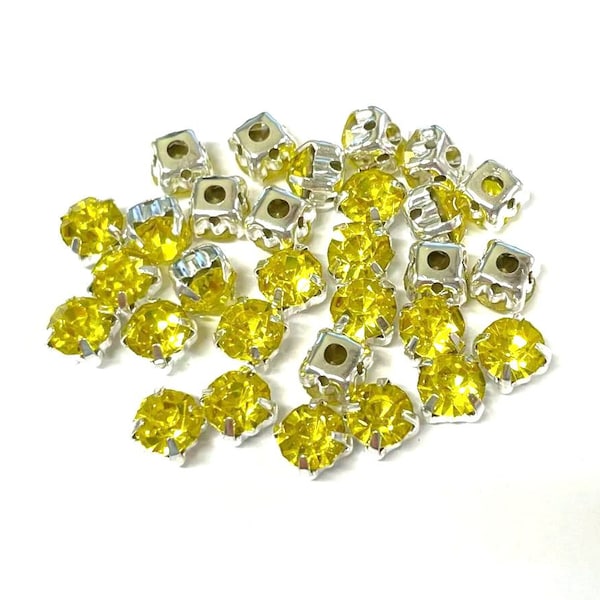 30pcs of Yellow Sew On Crystals Rhinestones with Silver plated Brass setting 6mm Round( No.10-766)