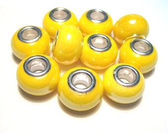 10 Yellow Ceramic Rondelle Beads: Large Hole European Style (14x9mm)(No.CL4-269)