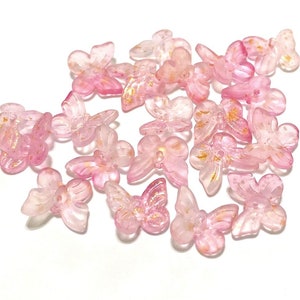 20pcs of Pink Butterfly Beads with Gold Glitter Powder Translucent Butterfly Beads 11mm (No.BFC10-1022)