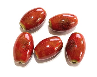 5pcs de grandes perles ovales en céramique rouge corail 20mm (No. OV8-326)