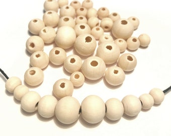 Perles en bois naturel 6mm, 8mm, 10mm rondes
