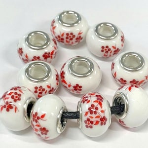 10 Red Flower Ceramic Rondelle Beads - Large Hole European Style (14x10mm)(No.CL32-251)