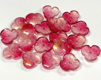 20pcs of Hot Pink Gradient 3-Petal Flower Glass Beads with Gold Glitter Powder 13mm (No.MPE16-1095)