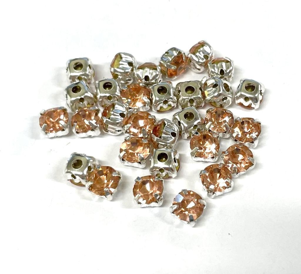 Peach Sew on Rhinestones: Silver Plated Brass Setting, 6mm (30pcs