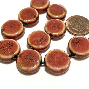 10 Coral Ceramic Beads: Handmade Flat Round Beads 14mm