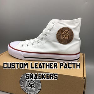Sneakers med egen logotyp, höga textilskor, lädermärken specialtillverkade med din design, personlig present