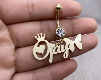 Custom Name Belly Ring, Belly Button Ring, Gift for Her, Butterfly Belly Ring, Summer Jewelry, Gold Belly Ring
