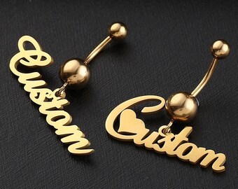 Custom Name Belly Ring, Belly Button Ring, Gift for Her, Navel Ring, Piecring Jewelry, Gold Name Belly Ring