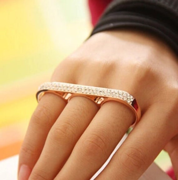 AS29 18K Rose Gold Diamond & Topaz Three Finger Ring | eBay