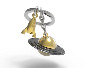 Metalmorphose 3D Saturn & Rocket Ship (Outer Space) Keychain