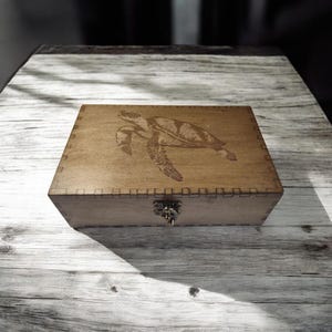 Wooden Turtle Engraved Keepsake, Jewelry Box with Latch