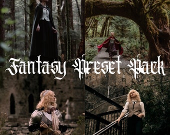 May include: Four images showing different people in a fantasy setting. The first image shows a person wearing a black cape and white shirt standing in a forest. The second image shows a person wearing a red cape and a white shirt standing in a forest. The third image shows a person wearing a silver armor and a white shirt standing in a forest. The fourth image shows a person wearing a brown vest and a white shirt standing on a stone staircase. The text "Fantasy Preset Pack" is displayed in the center of the image.