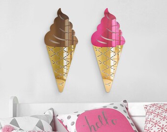 Set of 2 - 3D Acrylic Ice Cream Cone Wall Art Mirror, Baby Ice Cream Theme Room, Popsicle Nursery Decor, Kids Mirror, Ice Cream Shop Art