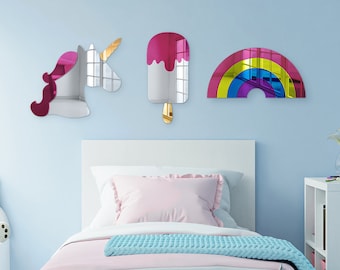 Set of 3 Acrylic Ice Cream, Unicorn and Rainbow Wall Art Mirror, Baby Girl Room Decor, Cute Nursery Decor, Kids Colorful Mirror, Cool Dorm