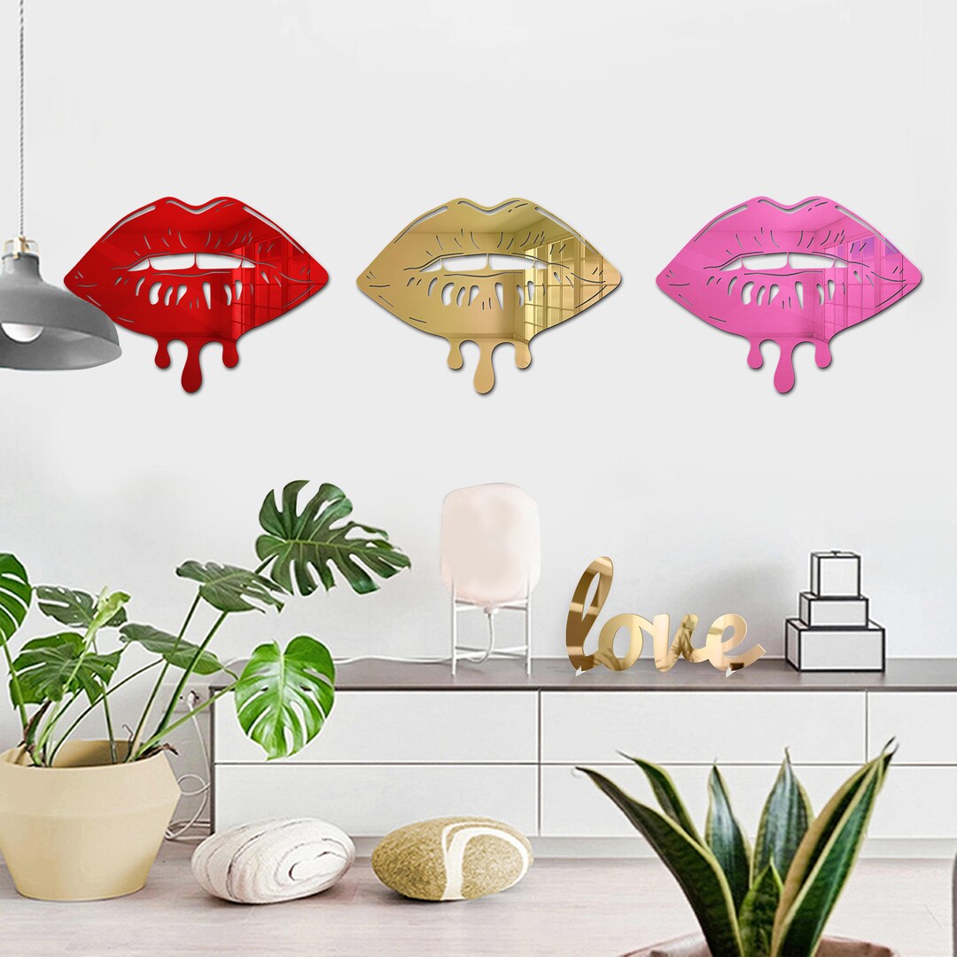 Set of 3 Mirrored Melting Lips Wall Art, Lip Shape Mirror, Dripping ...