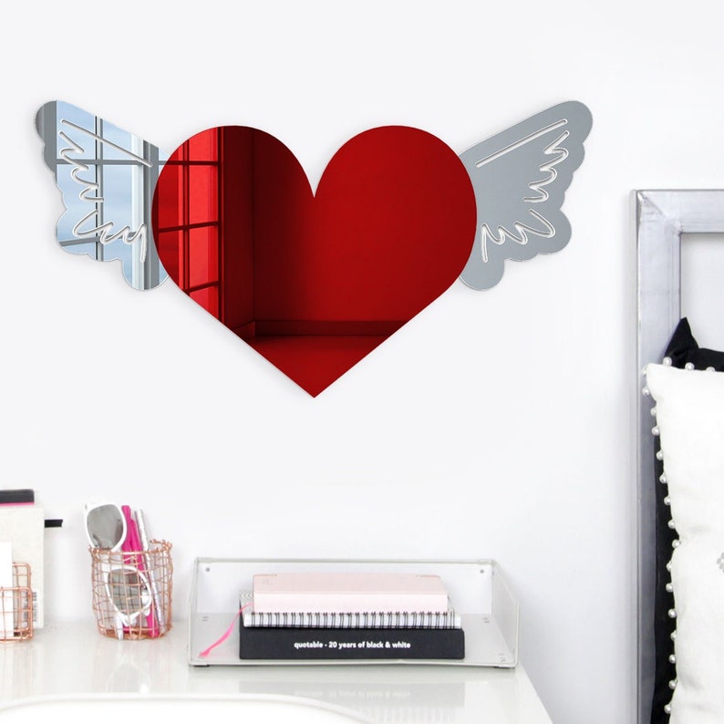 Acrylic Winged Heart Mirror Wall Art, Old School Tattoo Art Mirror Heart Wall Decor, Heart Wall Art, Heart Room, Cool Dorm Teenager Wall Art image 4