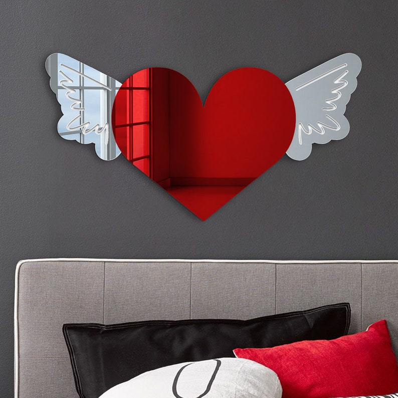 Acrylic Winged Heart Mirror Wall Art, Old School Tattoo Art Mirror Heart Wall Decor, Heart Wall Art, Heart Room, Cool Dorm Teenager Wall Art image 5