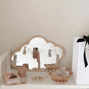 Cloud Aesthetic Acrylic Mirror With Wood Color | Cute Mirror Beige Color | Nordic Style Aesthetic Room Decoration for Kids or Adults Room