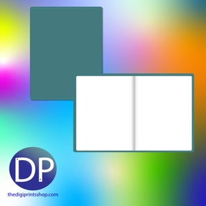May include: Teal-colored notebook with a stitched border, shown closed and open. The open notebook reveals blank white pages. The logo "DP" is in a blue circle in the lower left corner, with the website address thedigiprintsshop.com below it.