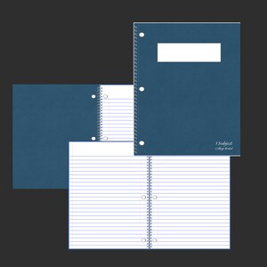 May include: A collection of blue spiral notebooks with college-ruled paper. One notebook is open, displaying the lined pages, while others are closed, showing the cover with a white label area. The text "1 Subject College Ruled" is visible.