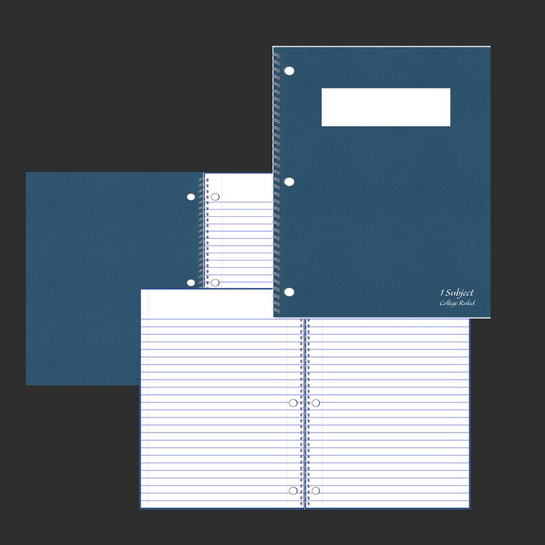 May include: A collection of blue spiral notebooks with college-ruled paper. One notebook is open, displaying the lined pages, while others are closed, showing the cover with a white label area. The text "1 Subject College Ruled" is visible.