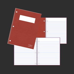 May include: A red spiral-bound notebook with a white label and lined paper. The notebook is labeled "1 Subject College Ruled". The pages are open, showing the blue lines.