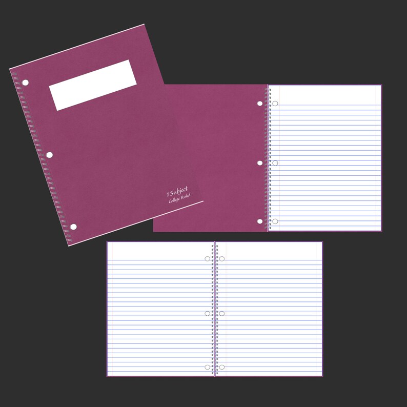 May include: A maroon spiral-bound notebook with college-ruled paper. The cover has a white label and the text "1 Subject College Ruled". The notebook is open to display the lined pages.