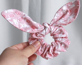 Cute Bunny and Eggs Print Scrunchies, Pink Easter Themed Scrunchies, Removable Bow Scrunchies, Bunny Ears Scrunchies, Handmade & 100% Cotton